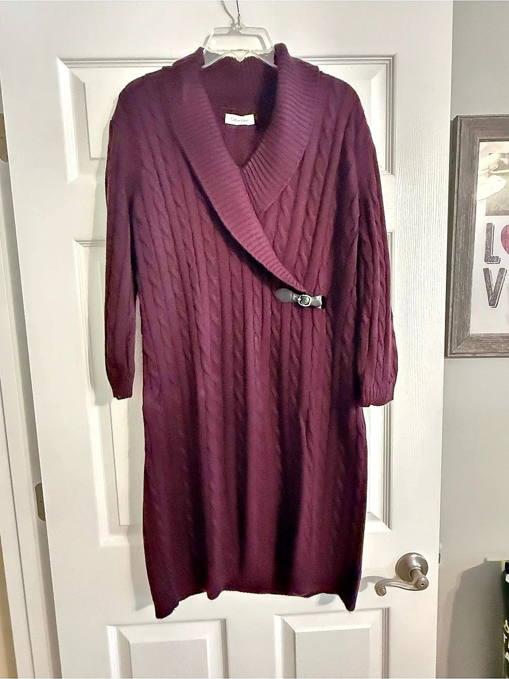Calvin Klein Cable Knit Belted Sweater Dress XL Purple
